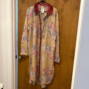 405. Aratta Vintage-Inspired Floral Dress with Red Velvet Trim and Embroidery